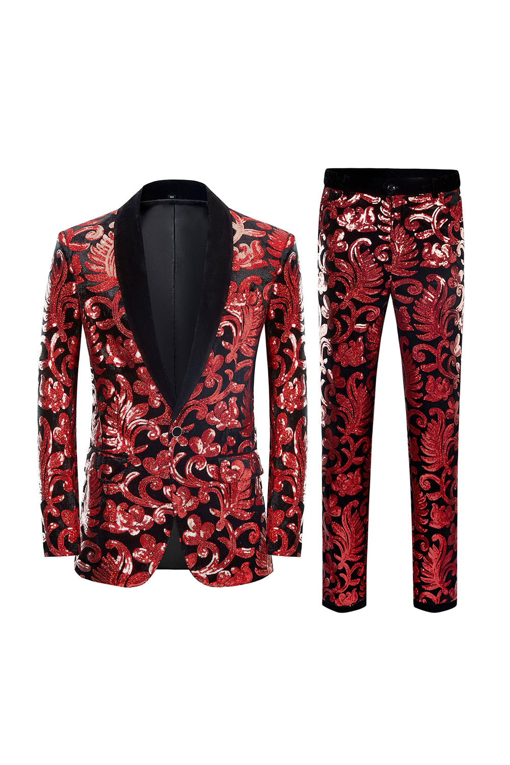 Czerwone cekiny Floral Pattern Męskie garnitury 2 sztuki