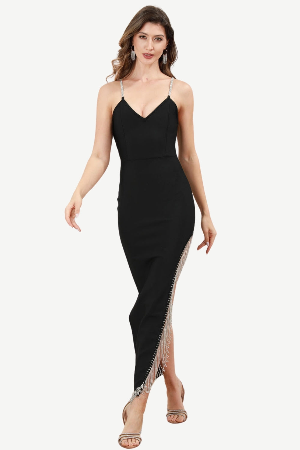 Czarna sukienka na ramiączkach Spaghetti z frędzlami