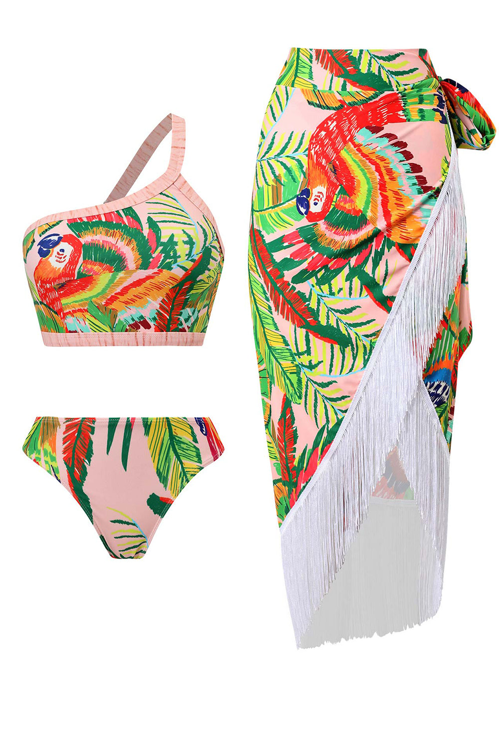 Pomarańczowy 3-częściowy Zestaw Bikini Z Nadrukiem Z Sukienką Plażową Z Frędzlami