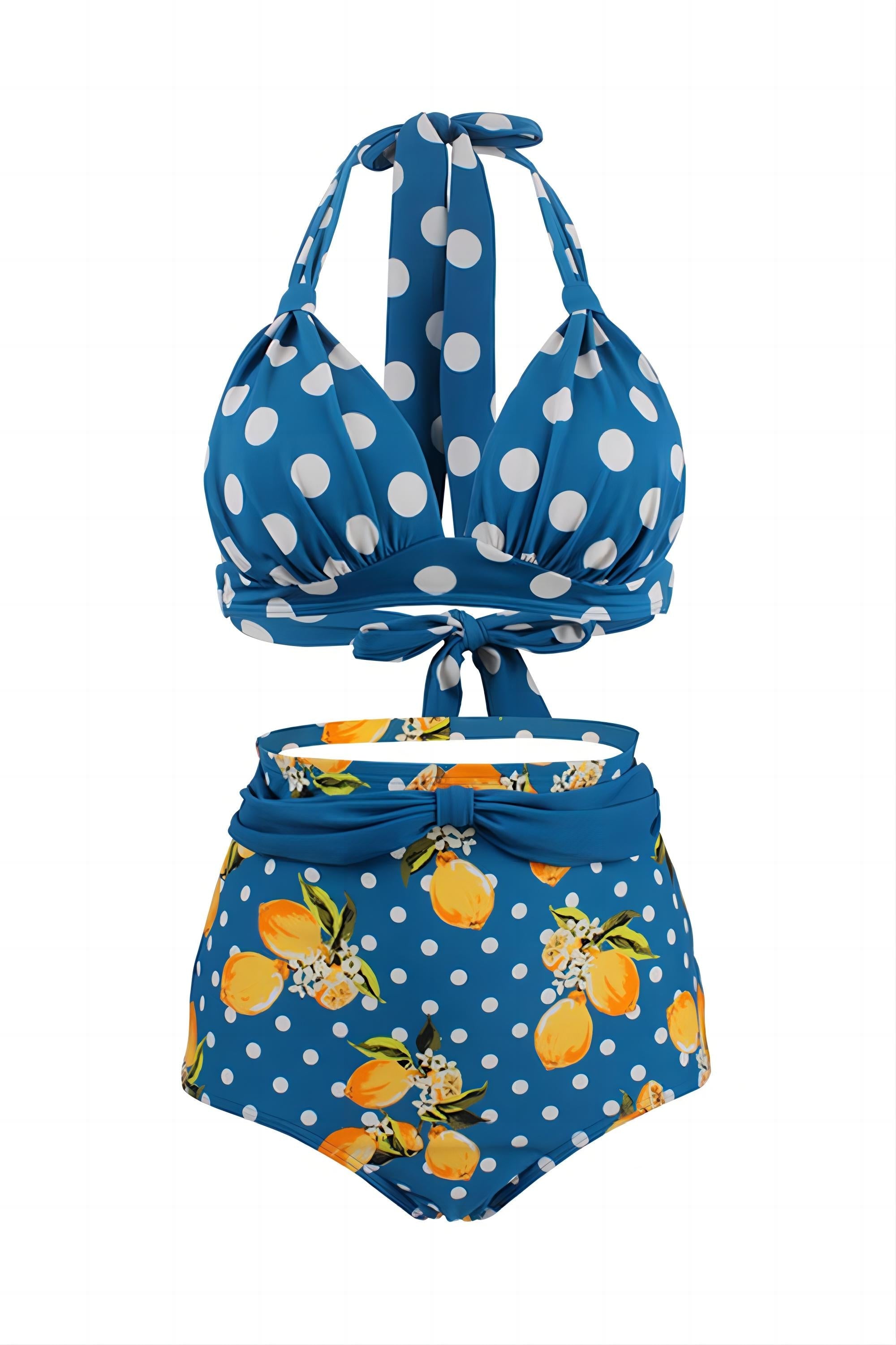 Niebieski Dwuczęściowy wysoki stan Polka Dots Stroje kąpielowe