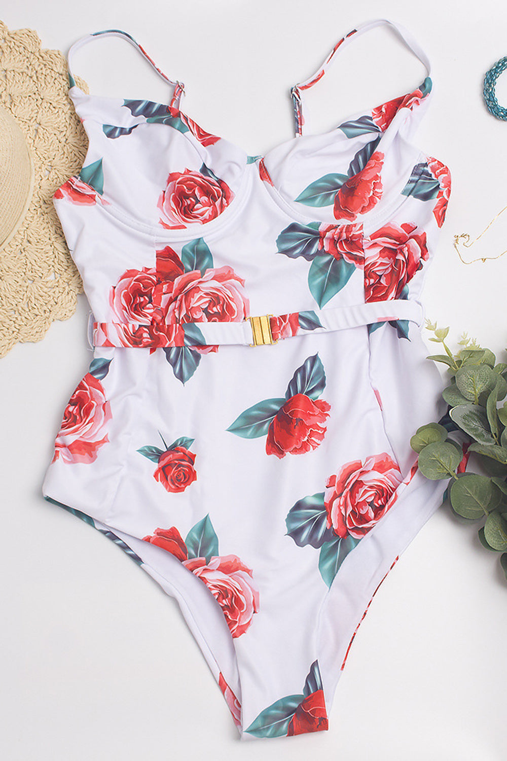 Spaghetti Straps High Waist Red One Piece Stroje kąpielowe