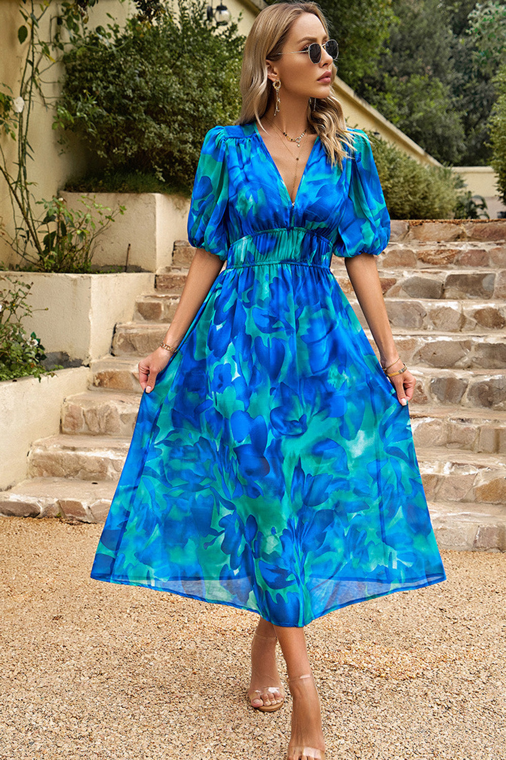 Czarna półrękawy z nadrukiem V Neck Letnia sukienka