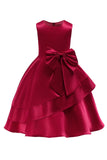 Boat Neck Bez rękawów Burgundy Girls Sukienki z kokardą
