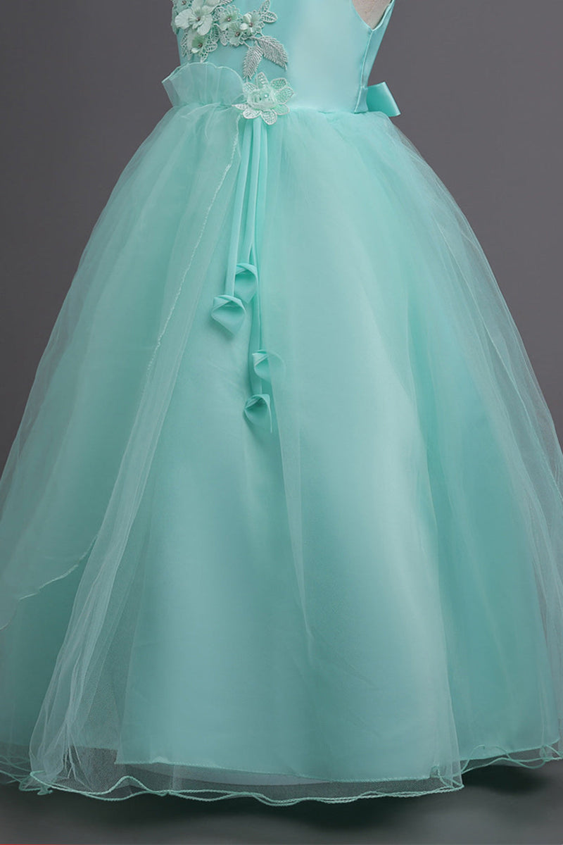 Załaduj obraz do przeglądarki galerii, Tiul A-Line Okrągły dekolt Zielone sukienki dziewczęce z aplikacjami