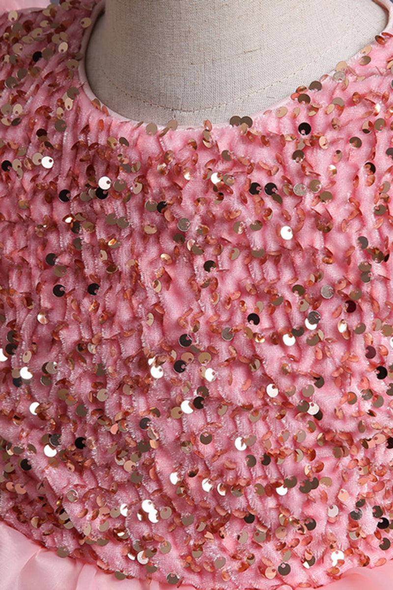Załaduj obraz do przeglądarki galerii, Bufiaste rękawy Różowe cekinowe sukienki dziewczęce z kokardą