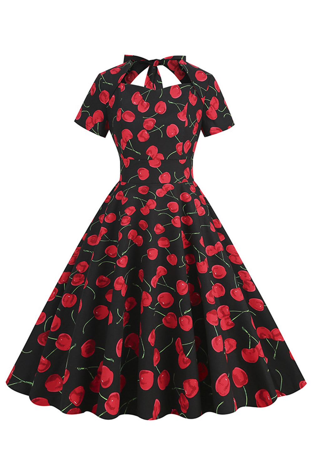 Sukienka Z Białym Nadrukiem Wiśni Vintage Z Krótkim Rękawem