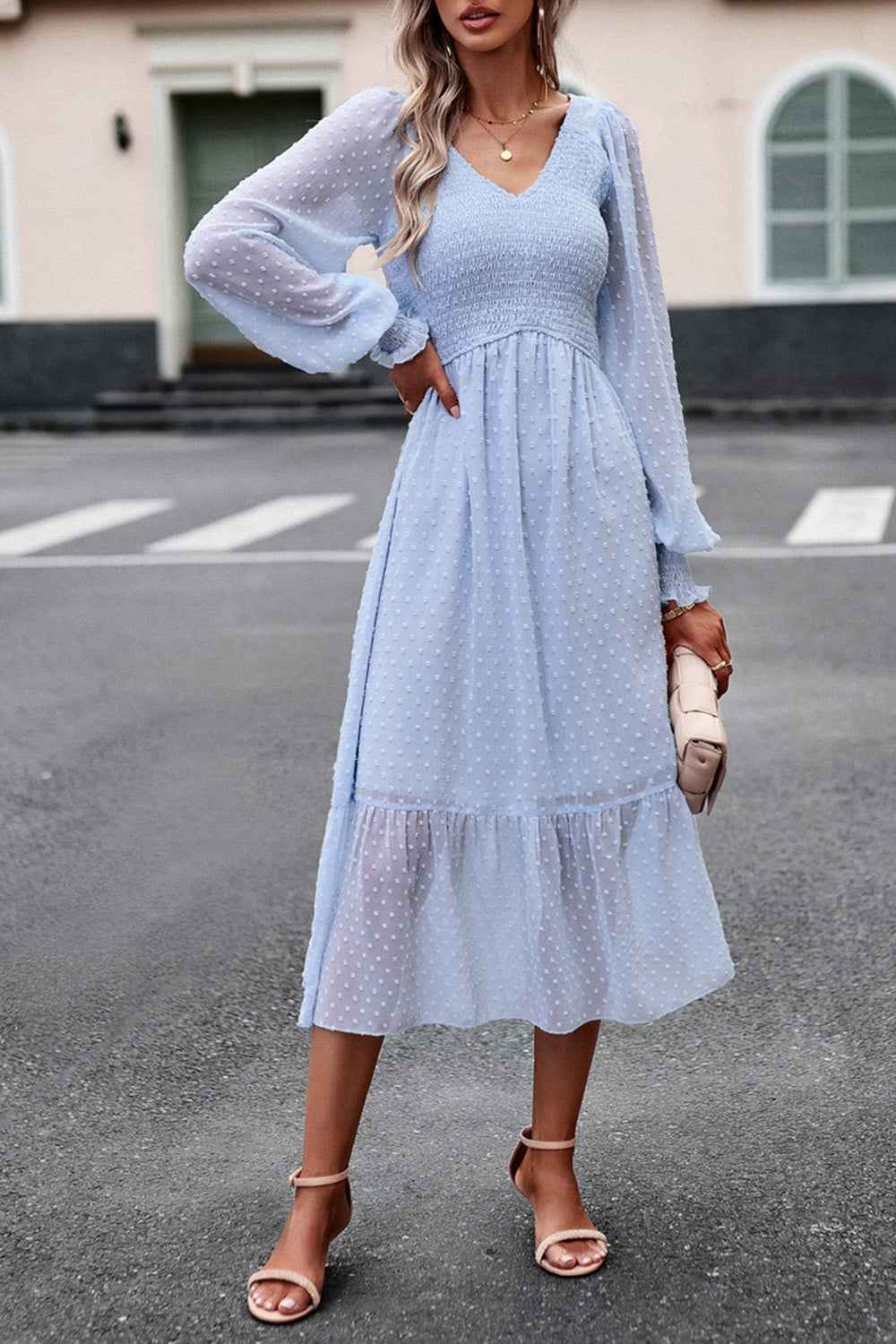 Czarna A-Line V-Neck Długie rękawy Casual Dress