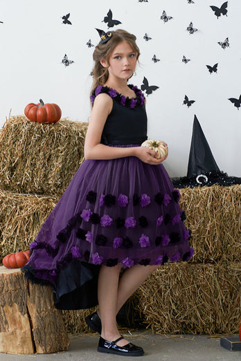 Dark Purple High Low Tulle Halloween Sukienka Dziewczyna z 3D Flower