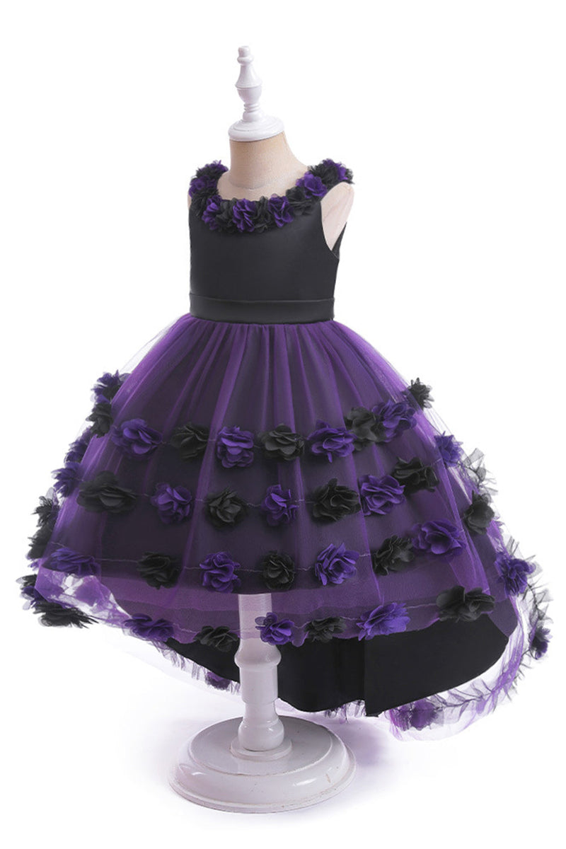 Załaduj obraz do przeglądarki galerii, Dark Purple High Low Tulle Halloween Sukienka Dziewczyna z 3D Flower