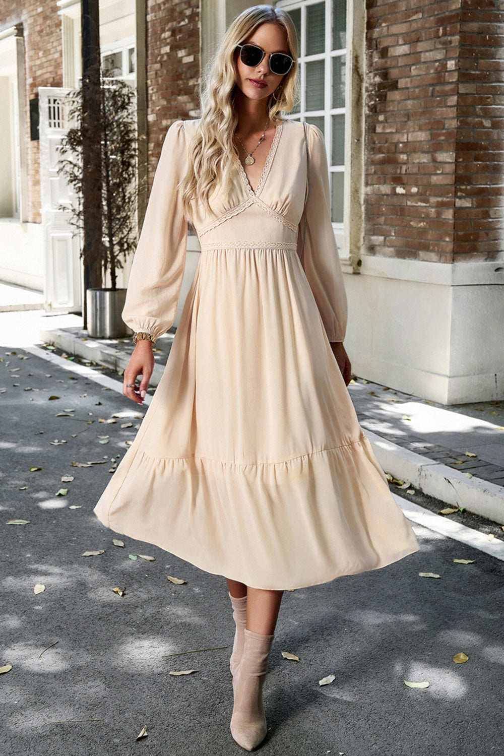 Różowa sukienka na co dzień z długimi rękawami A Line