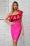 Gorąca Różowa Sukienka Koktajlowa Na Jedno Ramię Z Falbankami