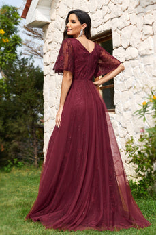 Burgundia Długa Sukienka Na Studniówkę w Kształcie Litery A