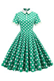Zielona biała sukienka w kropki vintage z krótkim rękawem