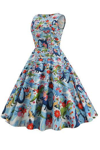 Jasnoniebieska Sukienka Vintage Lata 50 w Kwiaty