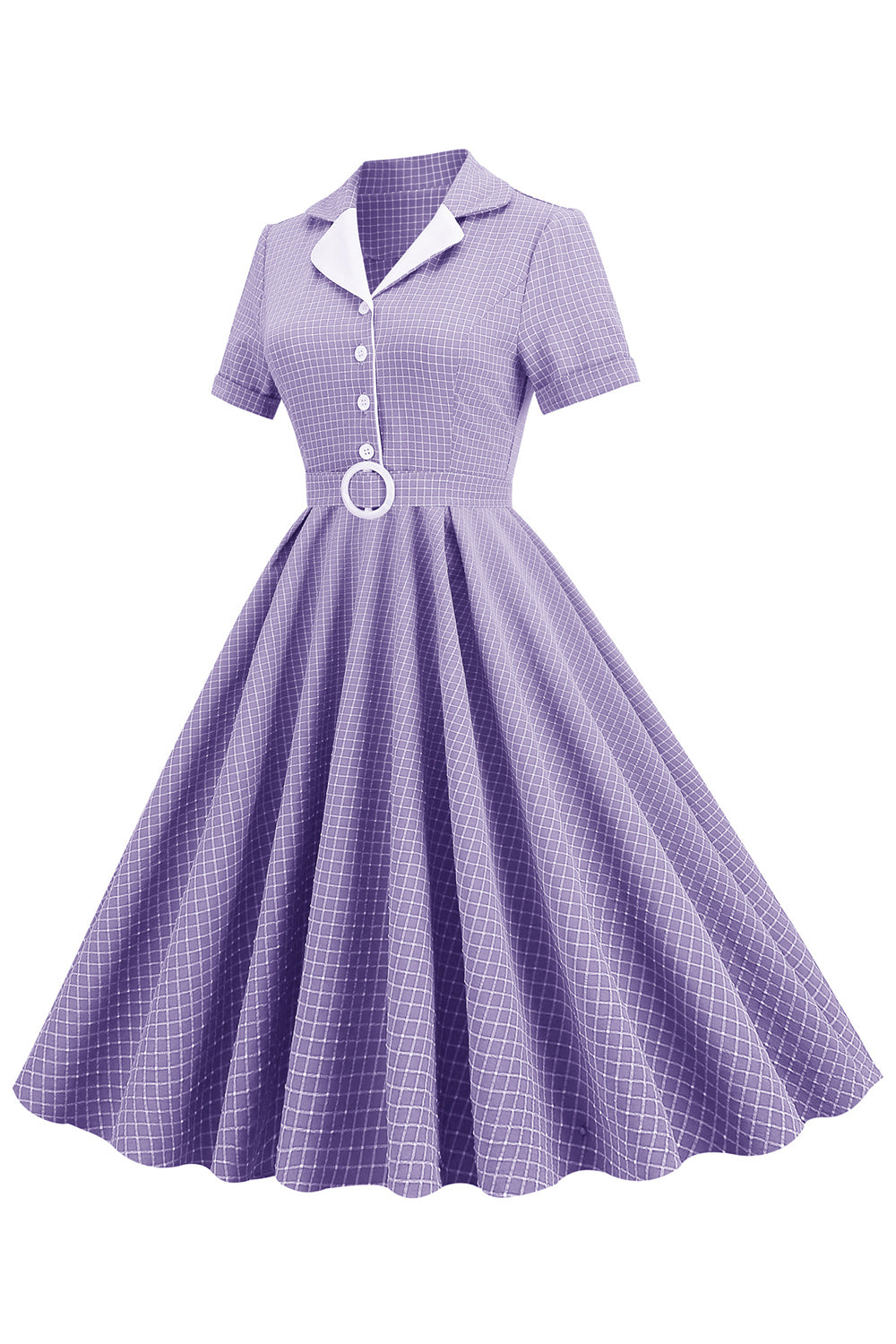 Pudrowy Róż Sukienka Vintage z Krótkim Rękawem w Kratkę