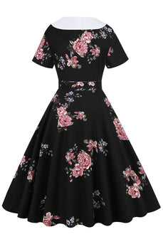 Czarna Sukienka Vintage w Kwiaty z Krótkim Rękawem