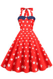 Granatowa Drukowane Sukienka Pin Up Lata 50 w Gwiazdki
