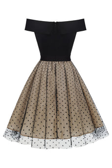 Black Off the Shoulder Polka Dots 1950s Sukienka