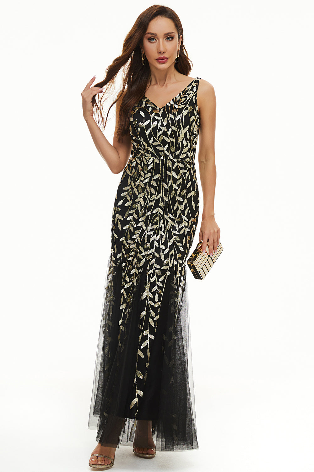 Liście Cekinów Tiul Długa formalna sukienka