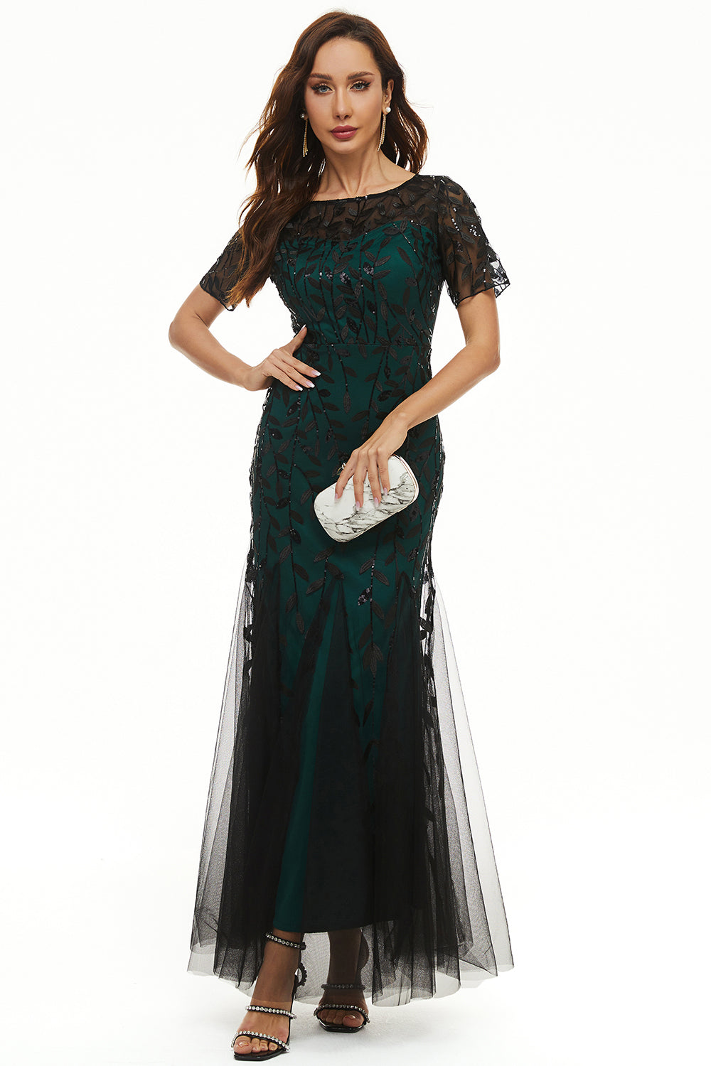 Szara Syrenka Cekinowa Sukienki Na Wesele Dla Mamy z Krótki Rękaw