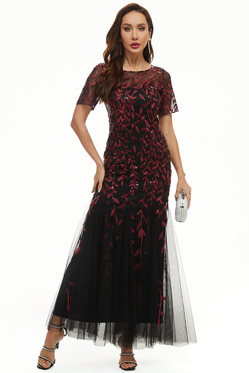 Szara Syrenka Cekinowa Sukienki Na Wesele Dla Mamy z Krótki Rękaw