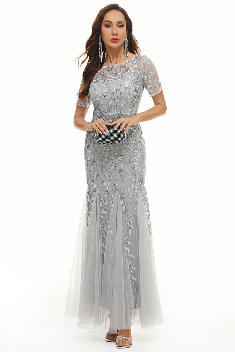 Szara Syrenka Cekinowa Sukienki Na Wesele Dla Mamy z Krótki Rękaw