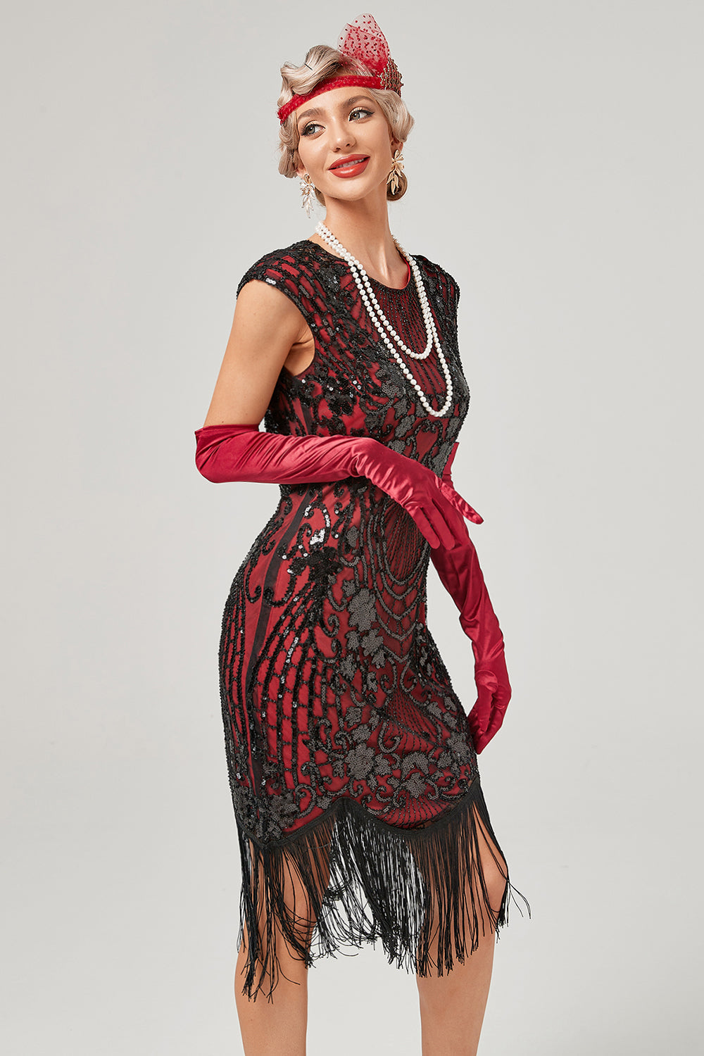 Zielony okrągły dekolt Złoty haft 1920s Sukienka z frędzlami