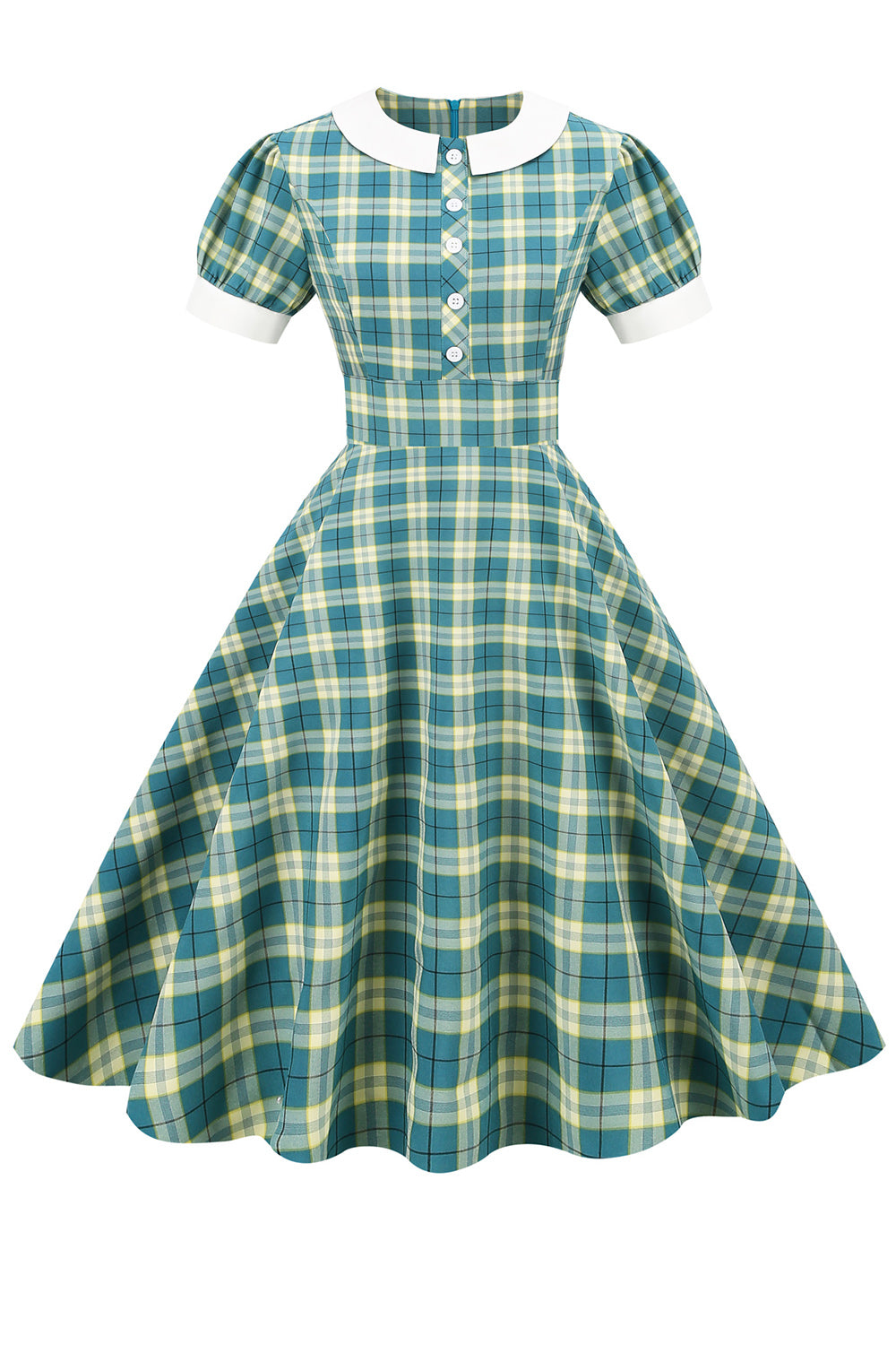 Jewel Neck Green Grid 1950s Sukienka z krótkim rękawem