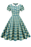 Jewel Neck Green Grid 1950s Sukienka z krótkim rękawem