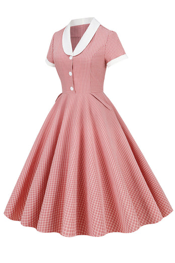 Różowa Sukienka Vintage w Kratkę z Krótkim Rękawem