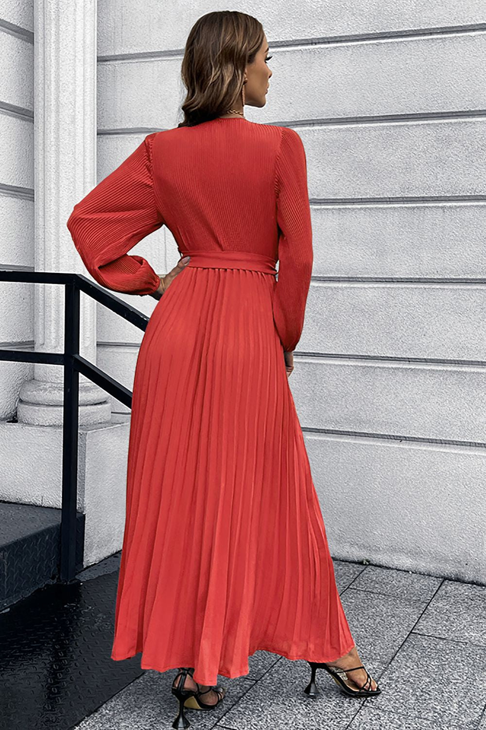 Długie rękawy Marszczenia Casual Dress z paskiem