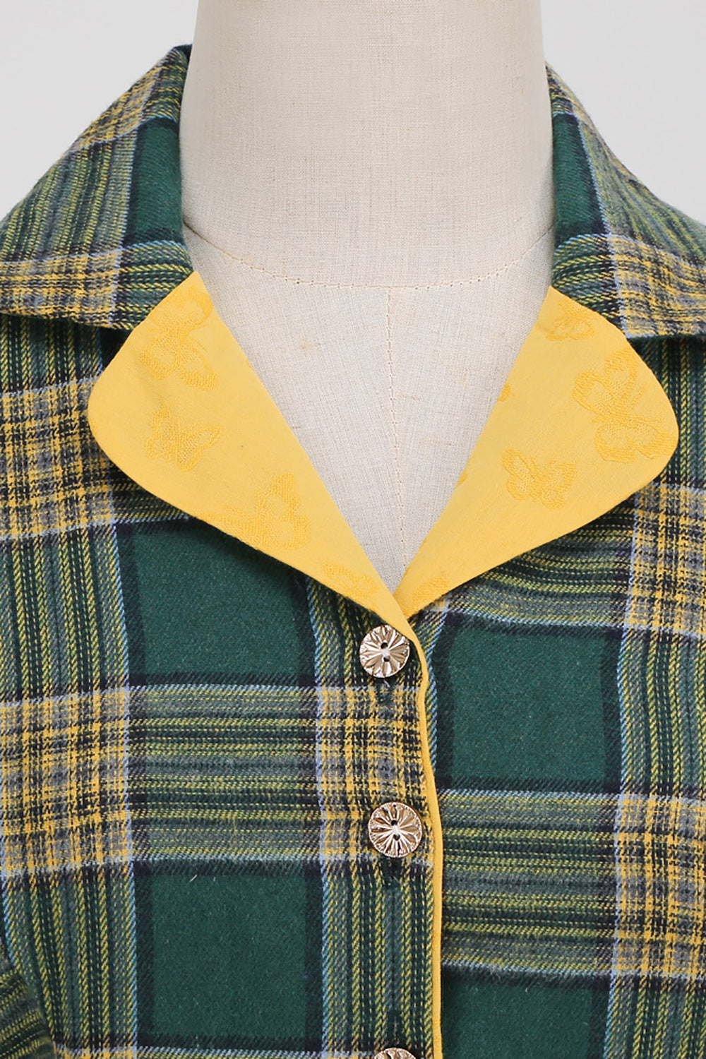 V Neck Green Grid Vintage Sukienka z rękawami 3/4