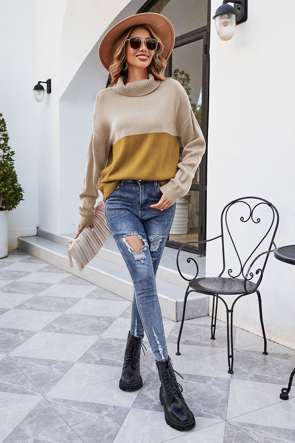 Damski sweter z golfem luźny sweter