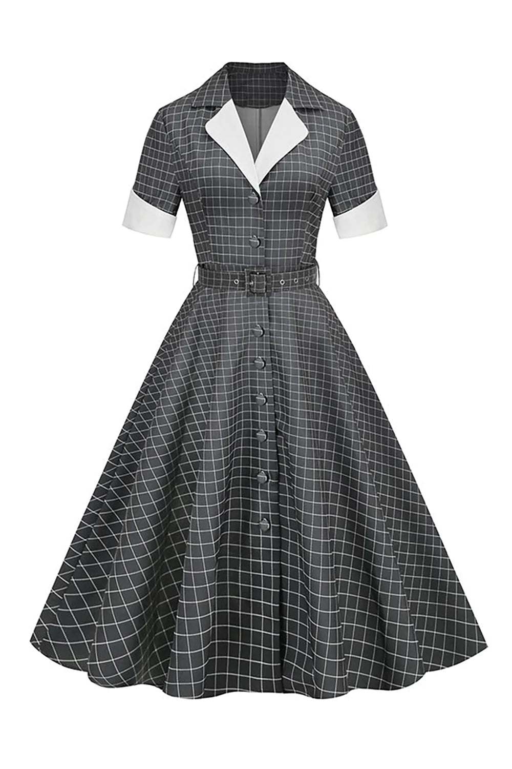 Szara Sukienka Vintage Z Klapami W Kratę