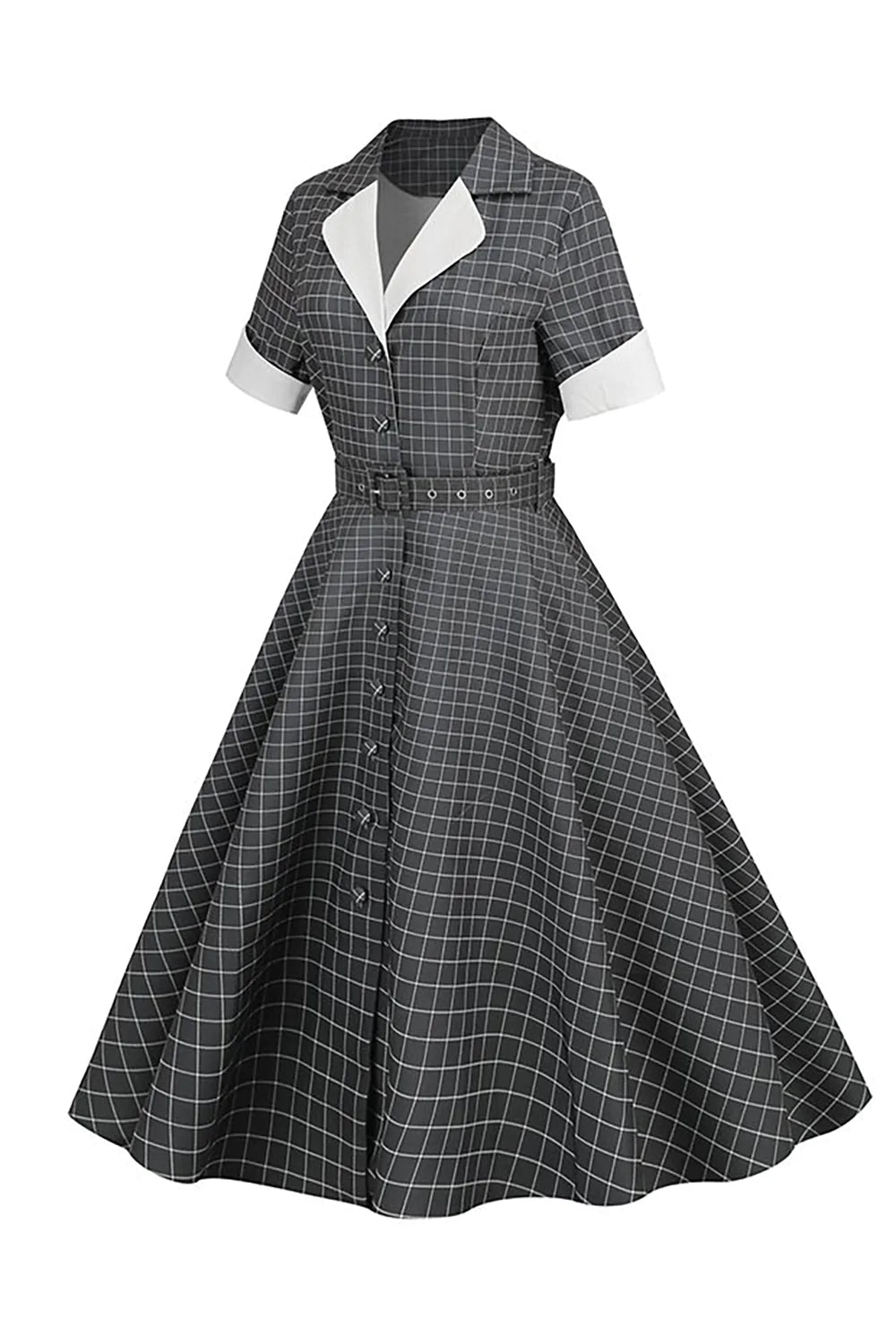 Szara Sukienka Vintage Z Klapami W Kratę