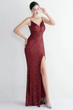Ciemnoczerwona Cekinowa Syrenka Sukienki Na Studniówke z Odkrytymi Plecami Z Rozcięciem