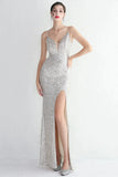 Srebrna Cekinowa Syrenka Sukienki Na Studniówke z Odkrytymi Plecami Z Rozcięciem