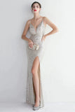 Srebrna Cekinowa Syrenka Sukienki Na Studniówke z Odkrytymi Plecami Z Rozcięciem