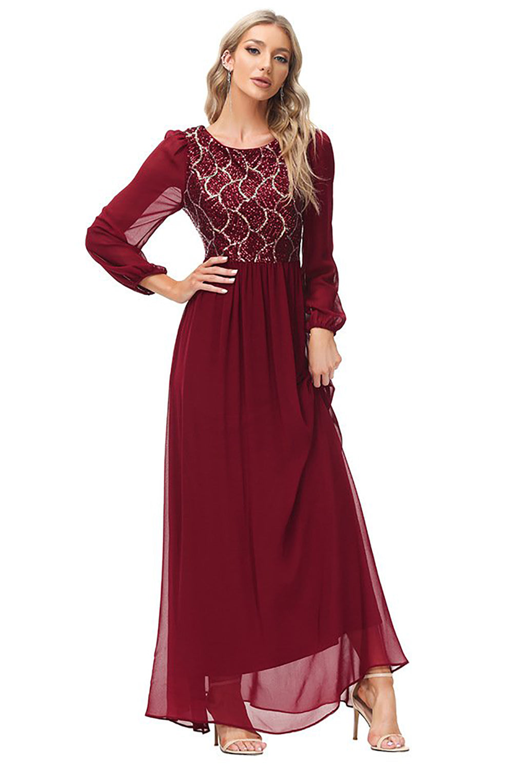 Ciemnozielona Szyfonowa Dekolt V Sukienki Na Wesele Z Dlugim Rekawem