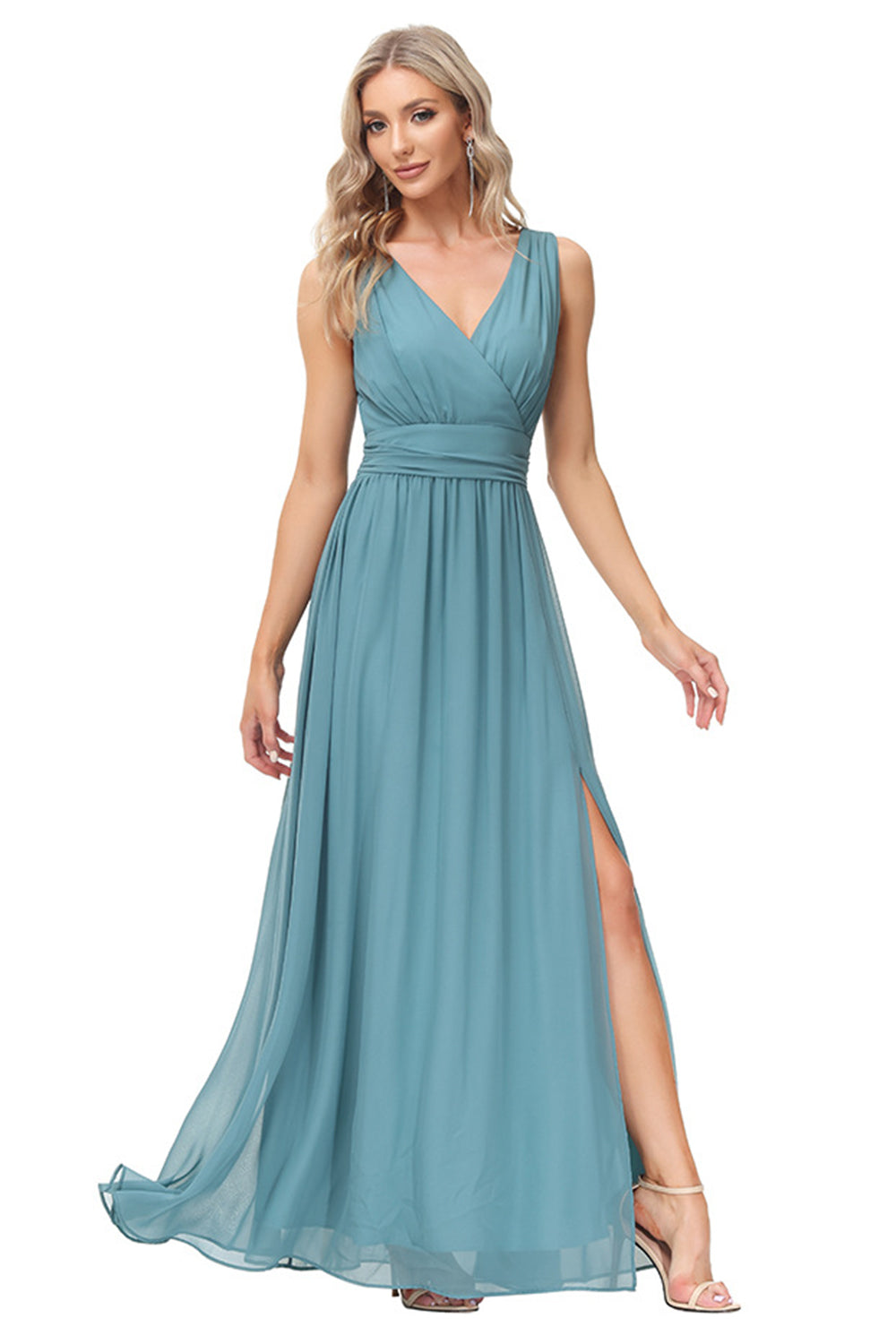 Niebieska Szyfonowa Dekolt V Sukienki Na Wesele Z Rozcięciem