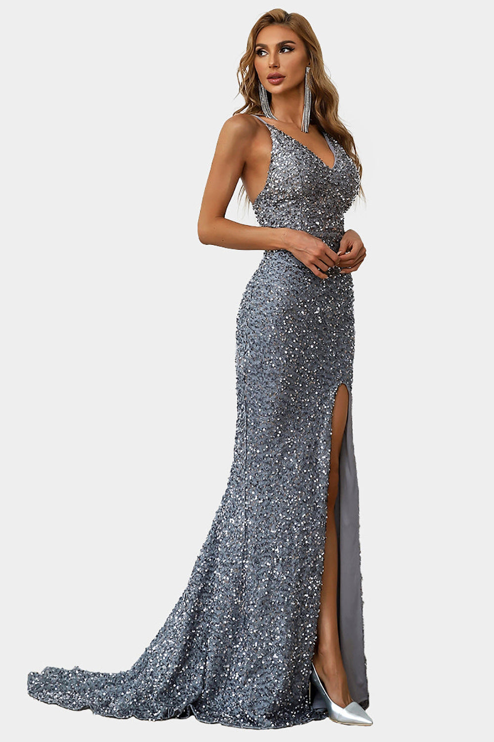 Burgundia Błyszcząca Sukienka Wieczorowa Z Rozcięciem