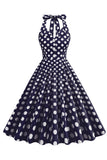 Niebieska Sukienka W Stylu Hepburn W Kropki Z Lat 50