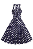Niebieska Sukienka W Stylu Hepburn W Kropki Z Lat 50