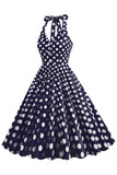 Niebieska Sukienka W Stylu Hepburn W Kropki Z Lat 50