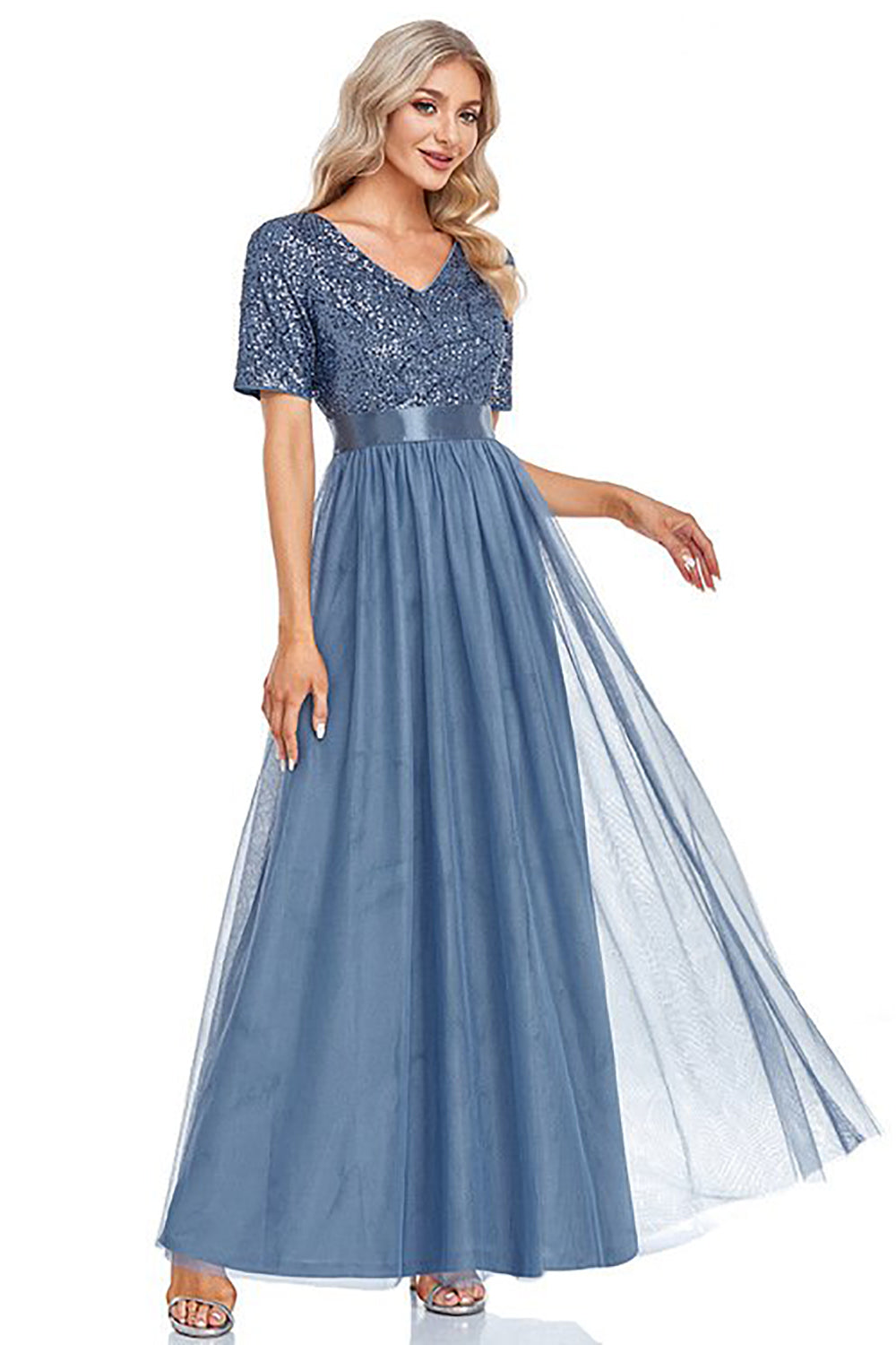 Błyszcząca Niebieska Tiulowa Dekolt V Sukienki Na Studniówke z Rękawy