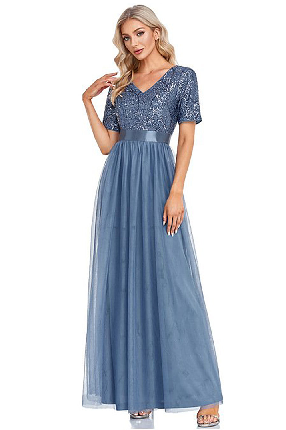 Błyszcząca Niebieska Tiulowa Dekolt V Sukienki Na Studniówke z Rękawy