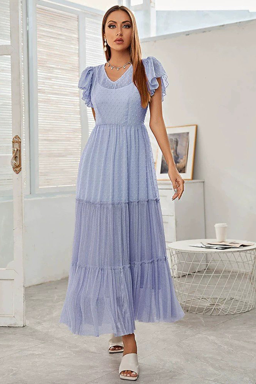 Niebieska Długa Sukienki Na Studniówke w Kształcie Litery A