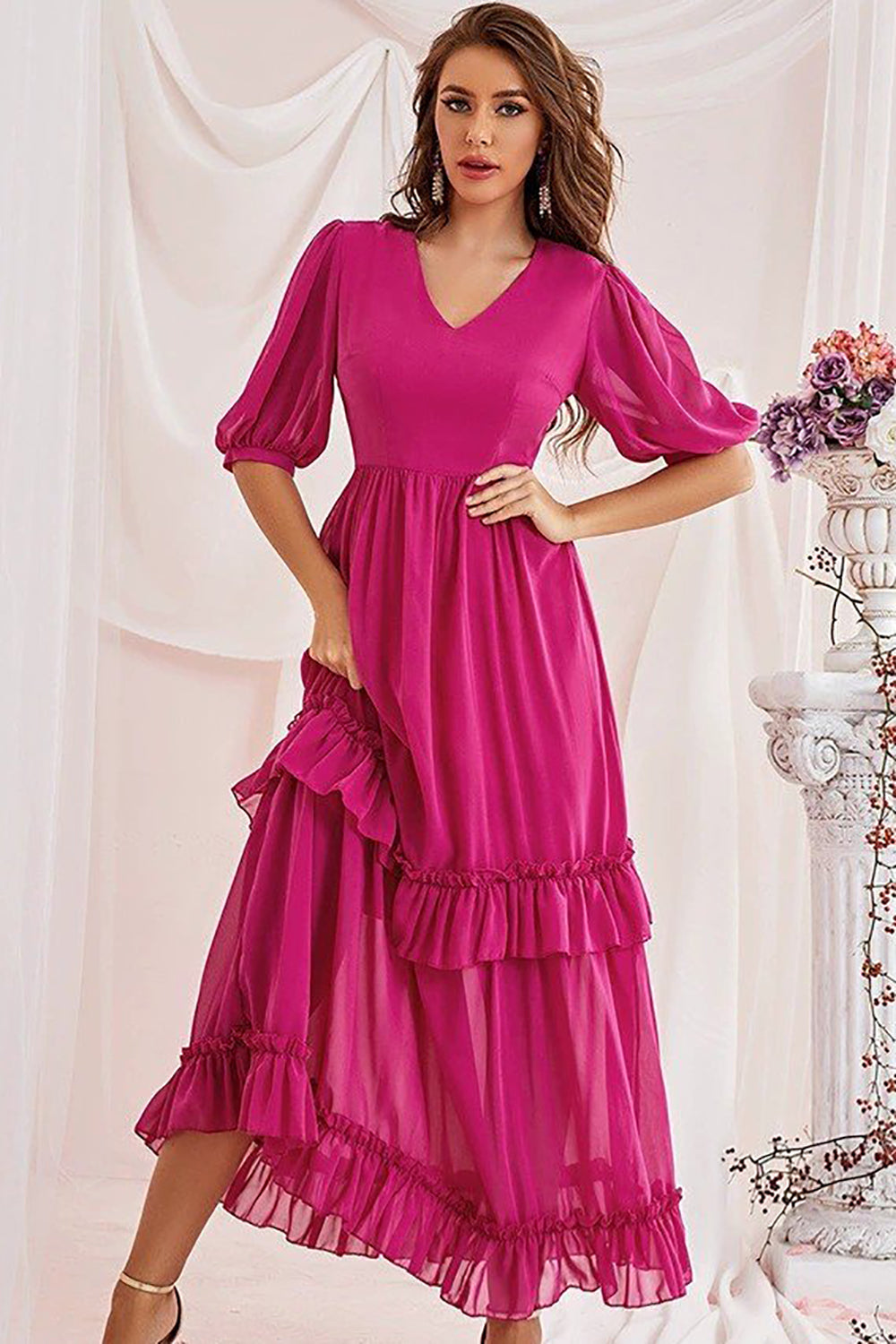 Fuksja Dekolt V Sukienki Na Wesele z Krótki Rękaw