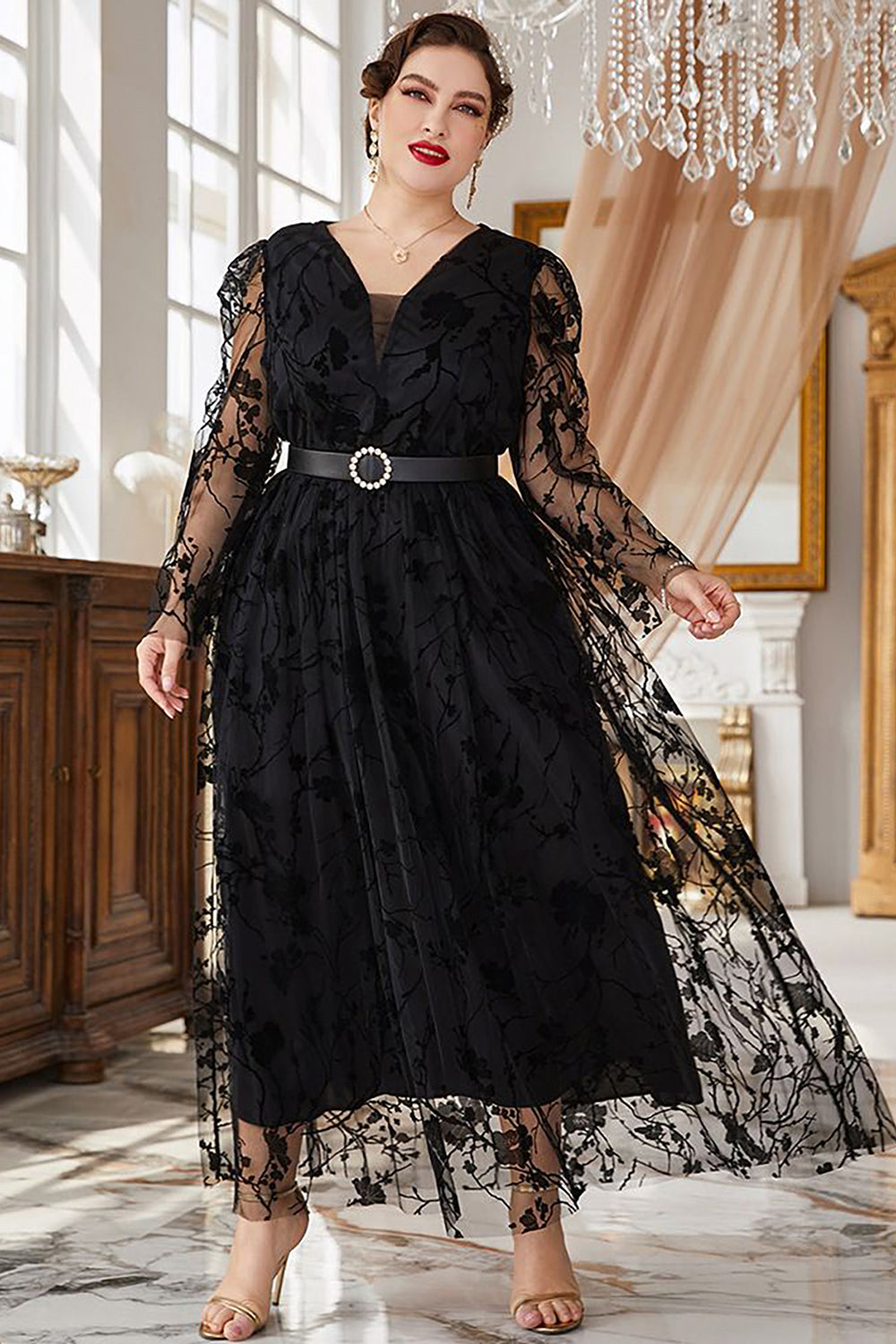 Plus Size Czarny Koronki Długie Rękawy Sukienka Na Studniówkę