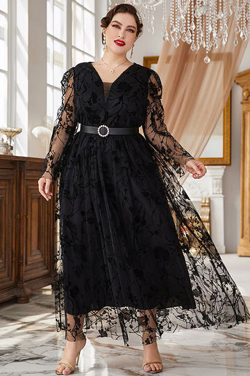 Plus Size Czarny Koronki Długie Rękawy Sukienka Na Studniówkę